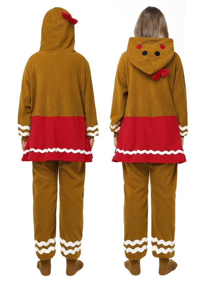 SOMSOC Women Gingerbread Onesie Pajamas Adult Christmas One-Piece Flannel Jumpsuit Gingerbread Hooded Sleepwear Homewear - Image 5